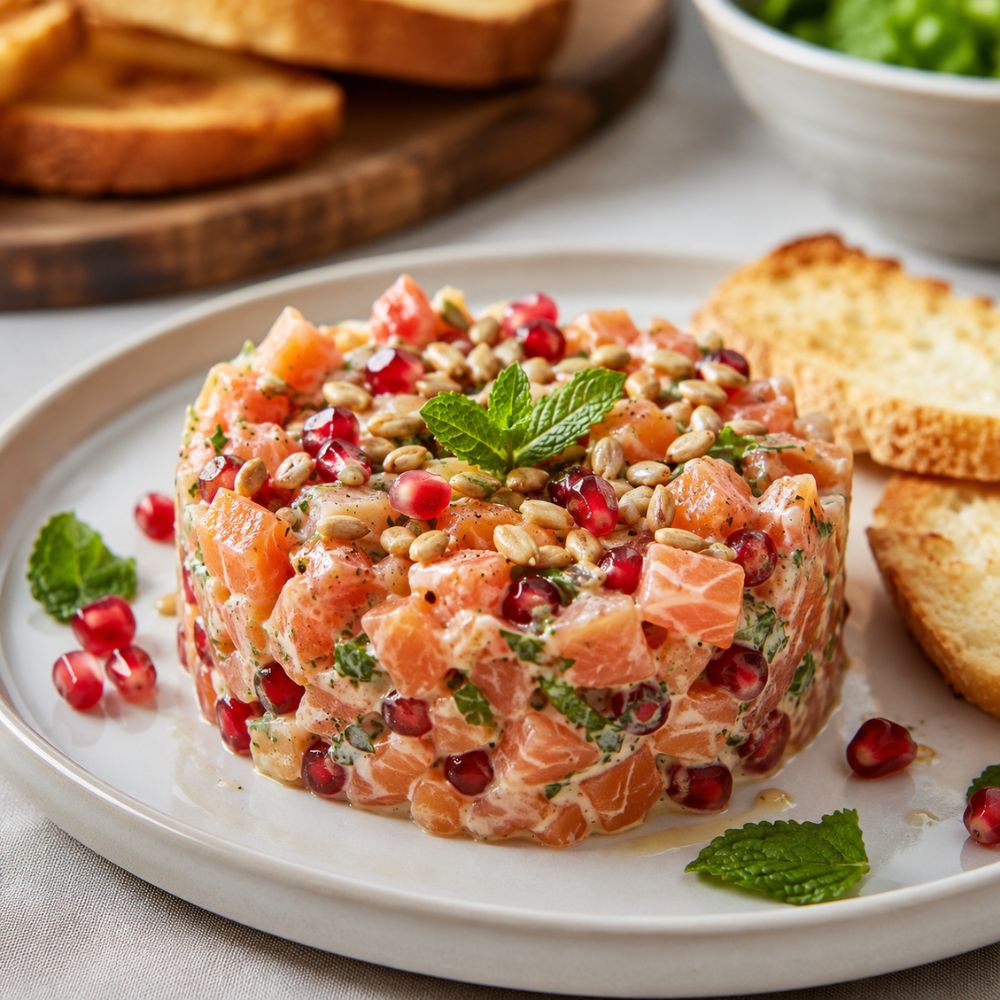 Tartare de duo de saumon à la pomme grenade et menthe fraîche