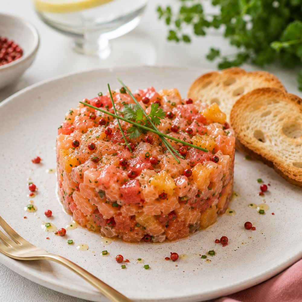 Tartare de duo de saumon aux agrumes et baies roses