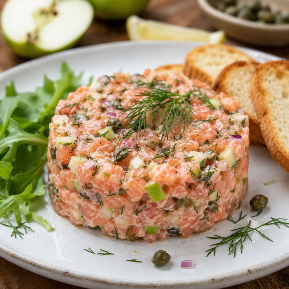 Tartare de duo de saumon aux câpres, aneth et pomme verte