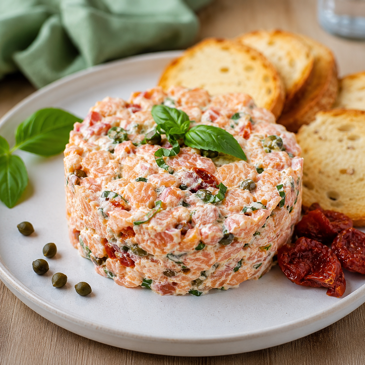 Tartare de duo de saumon aux tomates séchées, basilic