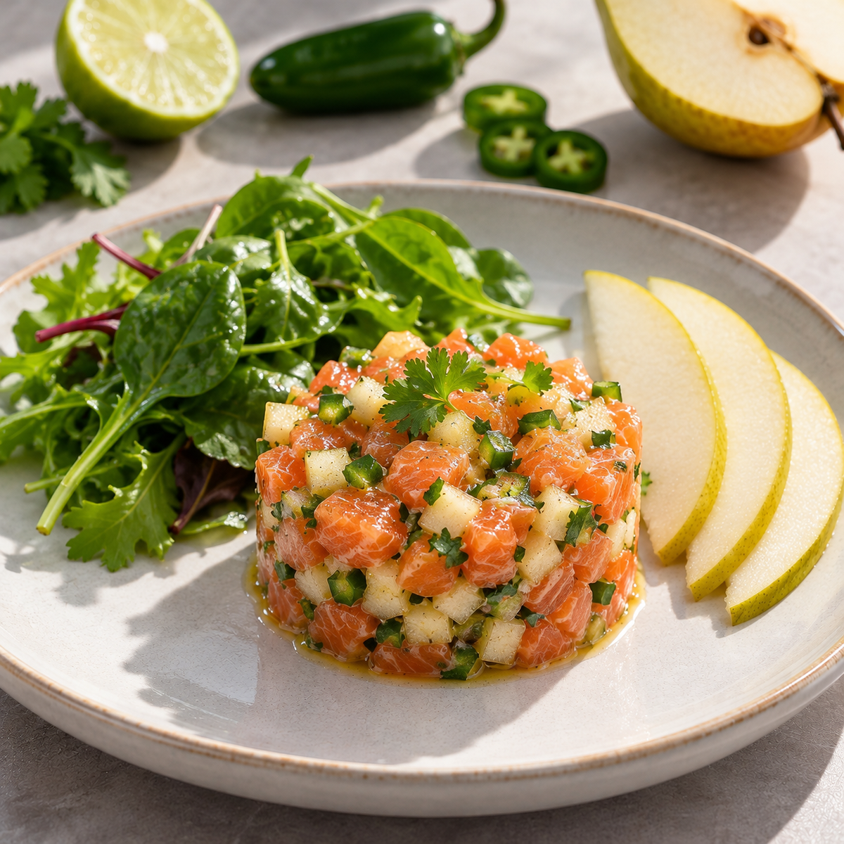 Tartare de saumon à la poire et piment jalapenos