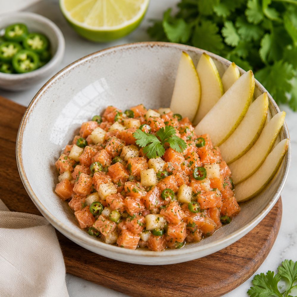 Tartare de saumon à la poire et piment jalapenos