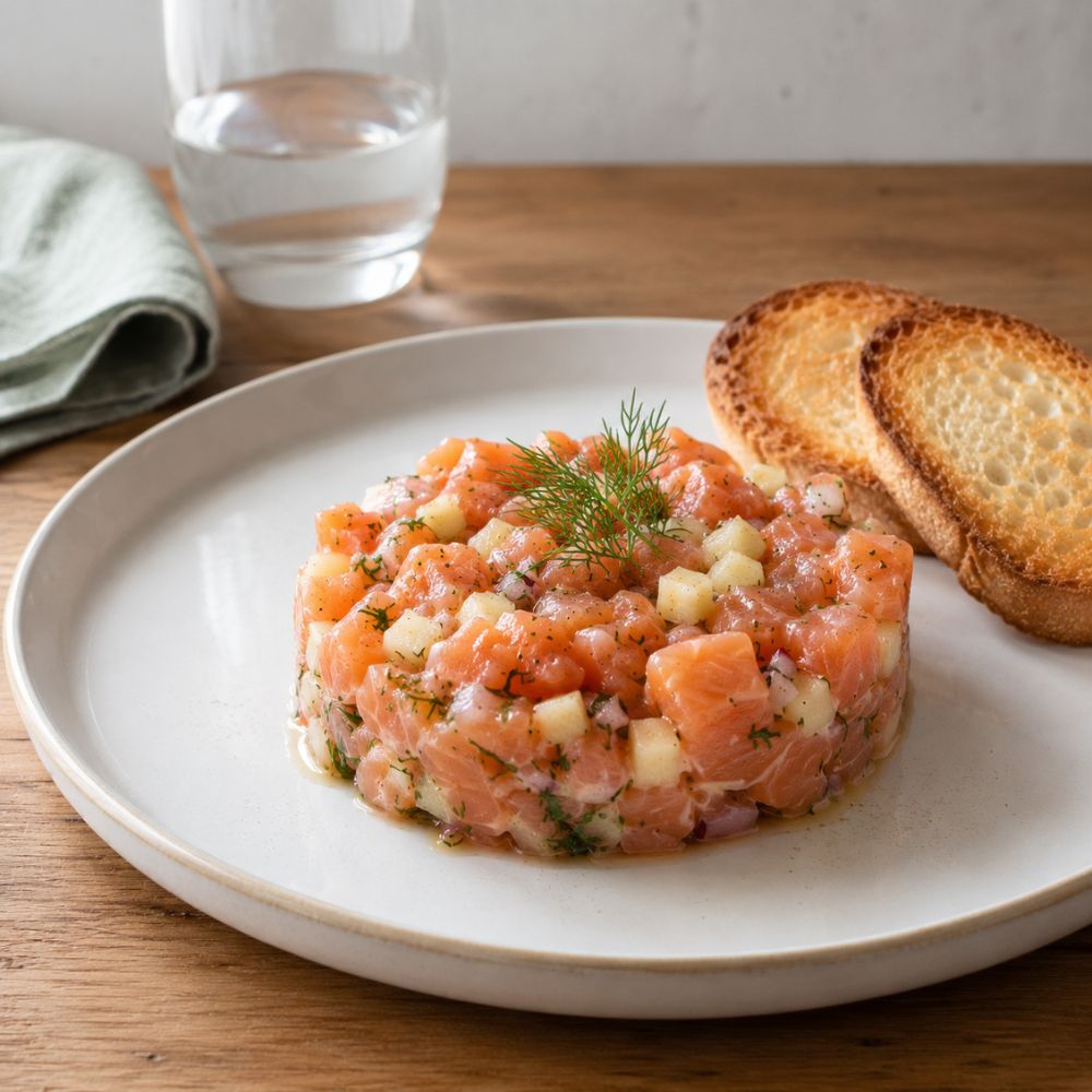 Tartare de saumon aux herbes et poire