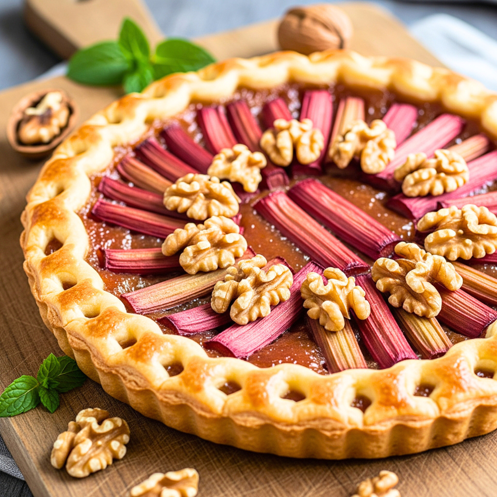 Tarte à la rhubarbe et aux noix