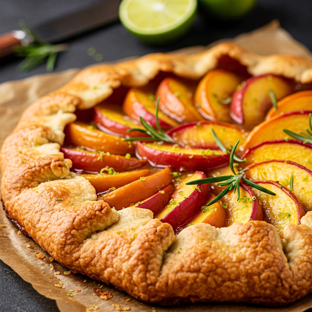 Tarte aux pêches, lime et romarin