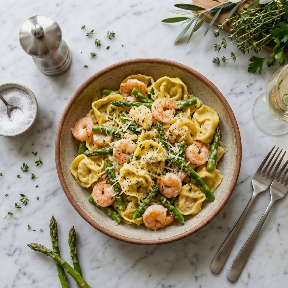 Tortelloni aux crevettes de matane et asperges du québec