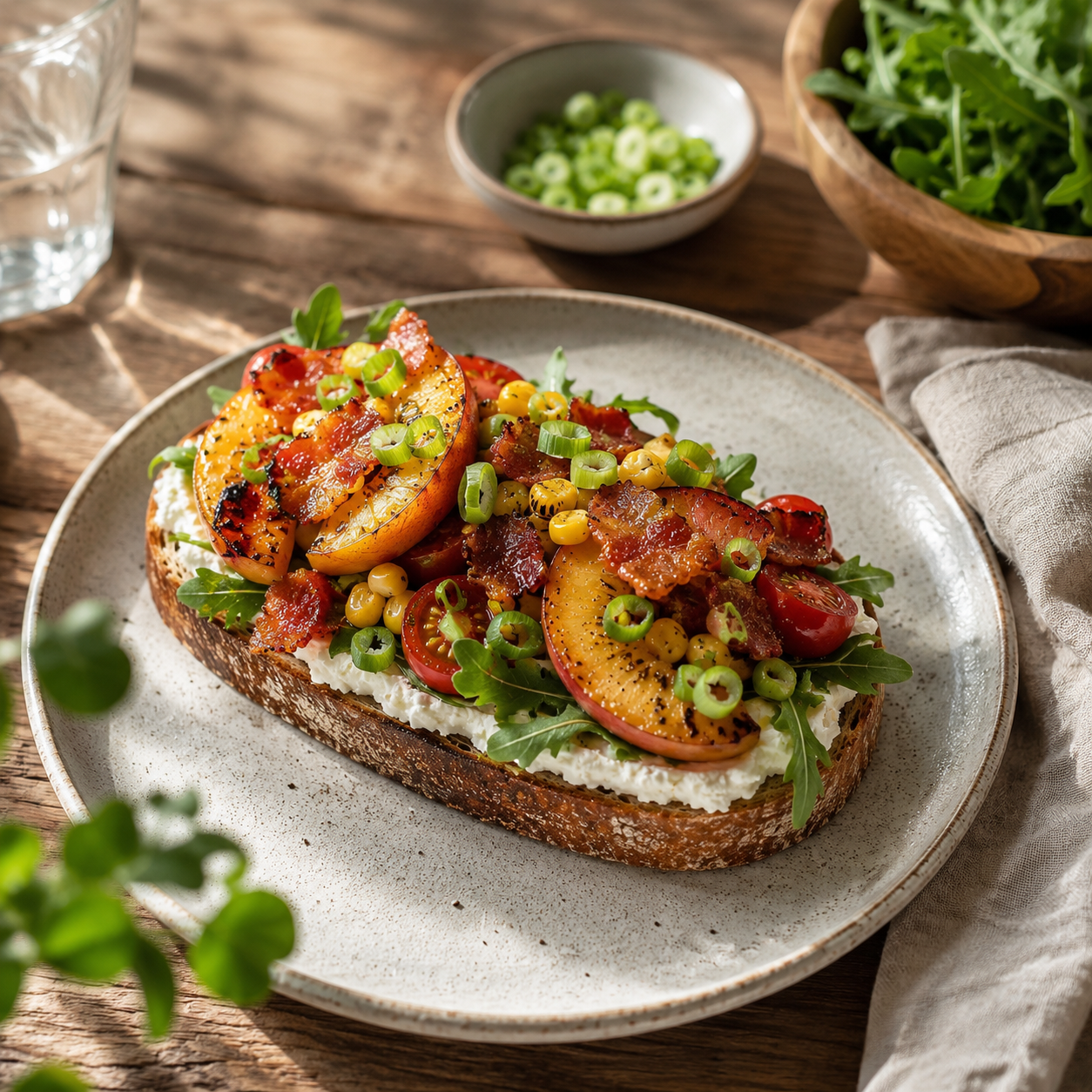 Tartine gourmande à la ricotta, bacon et pêches grillées