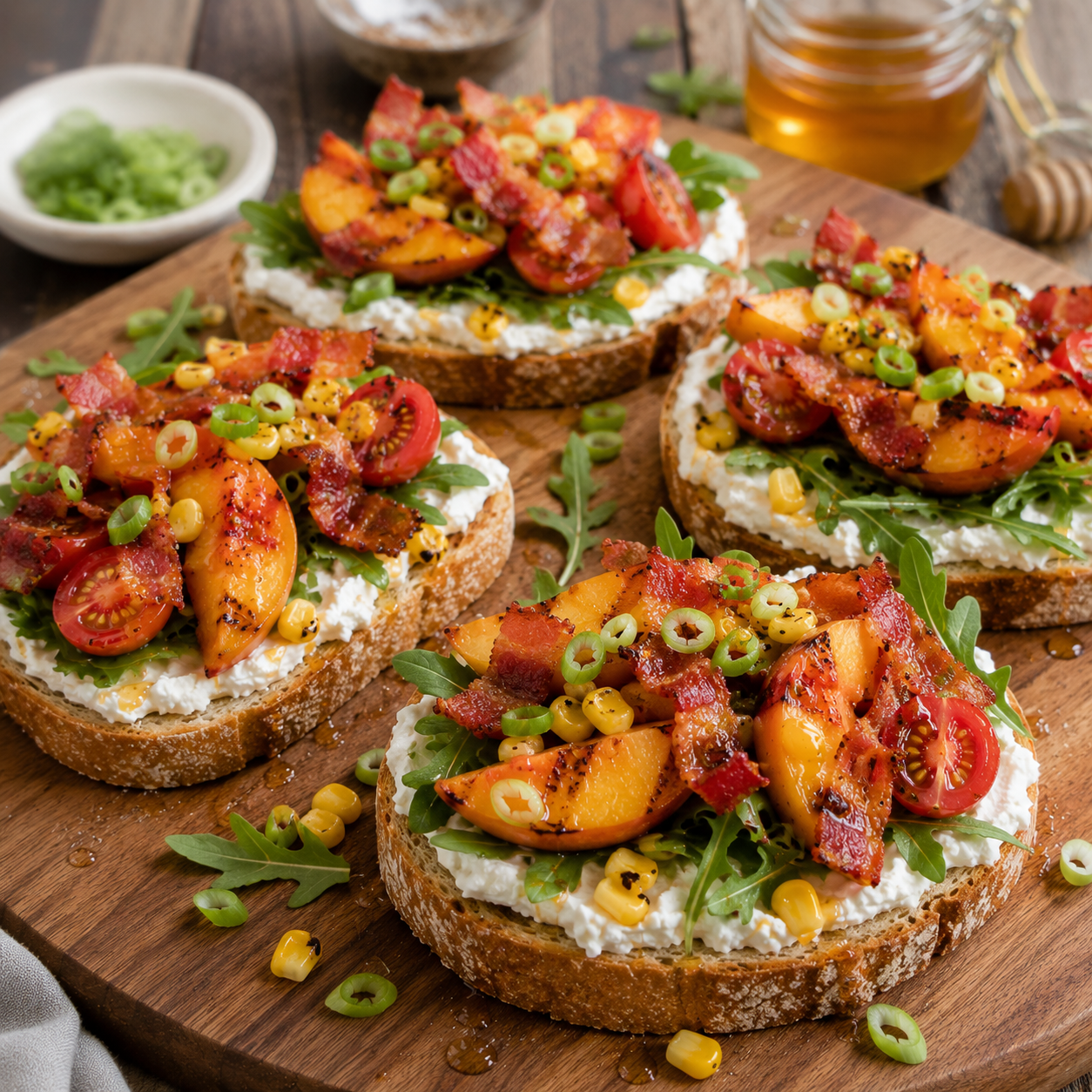 Tartine gourmande à la ricotta, bacon et pêches grillées