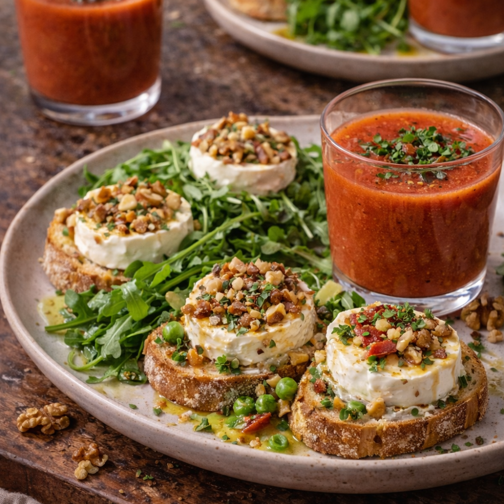 Tartine gourmande et gaspacho de poivron, fraise, tomate et persilade