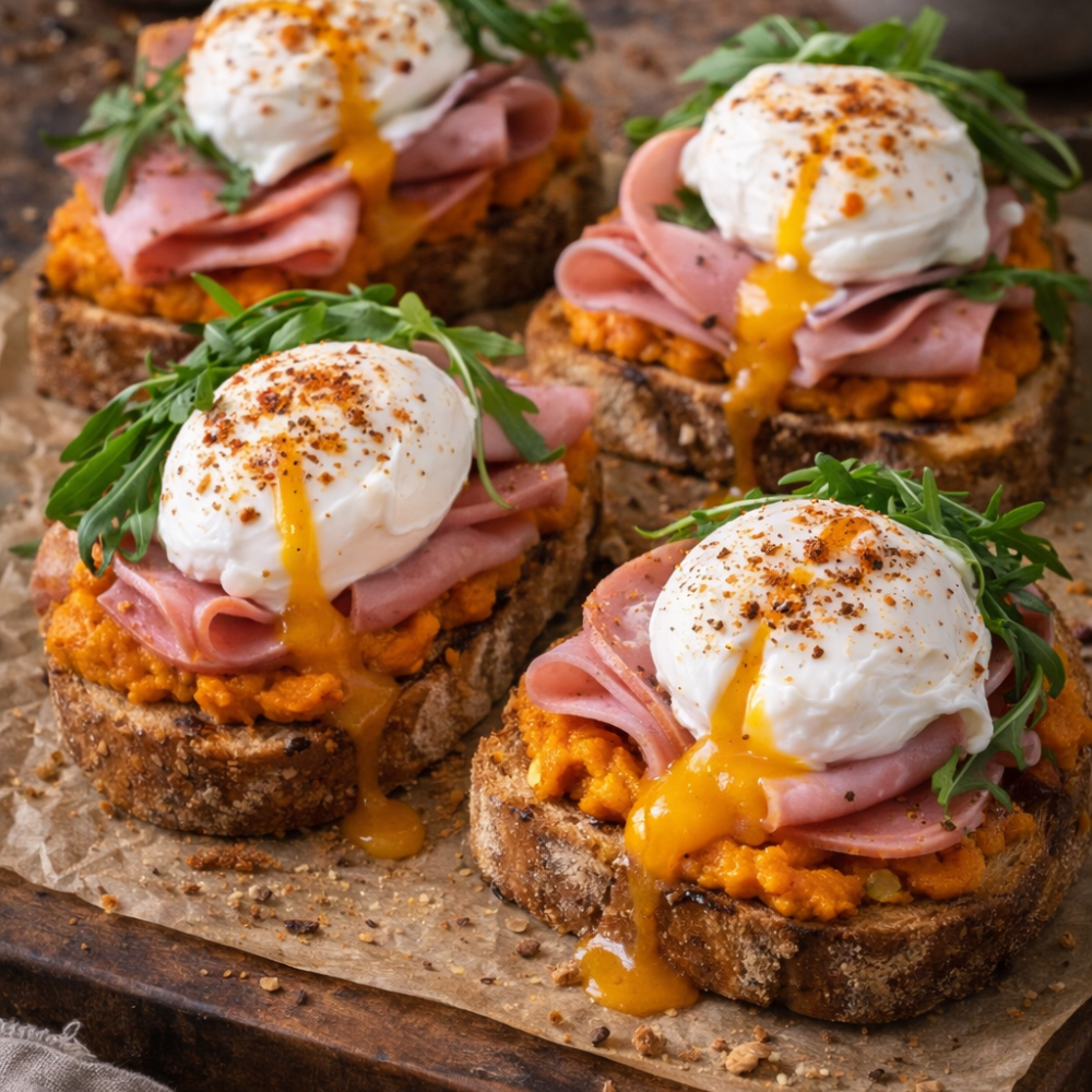 Tartines de pain grillé, patates douces, jambon et œuf poché