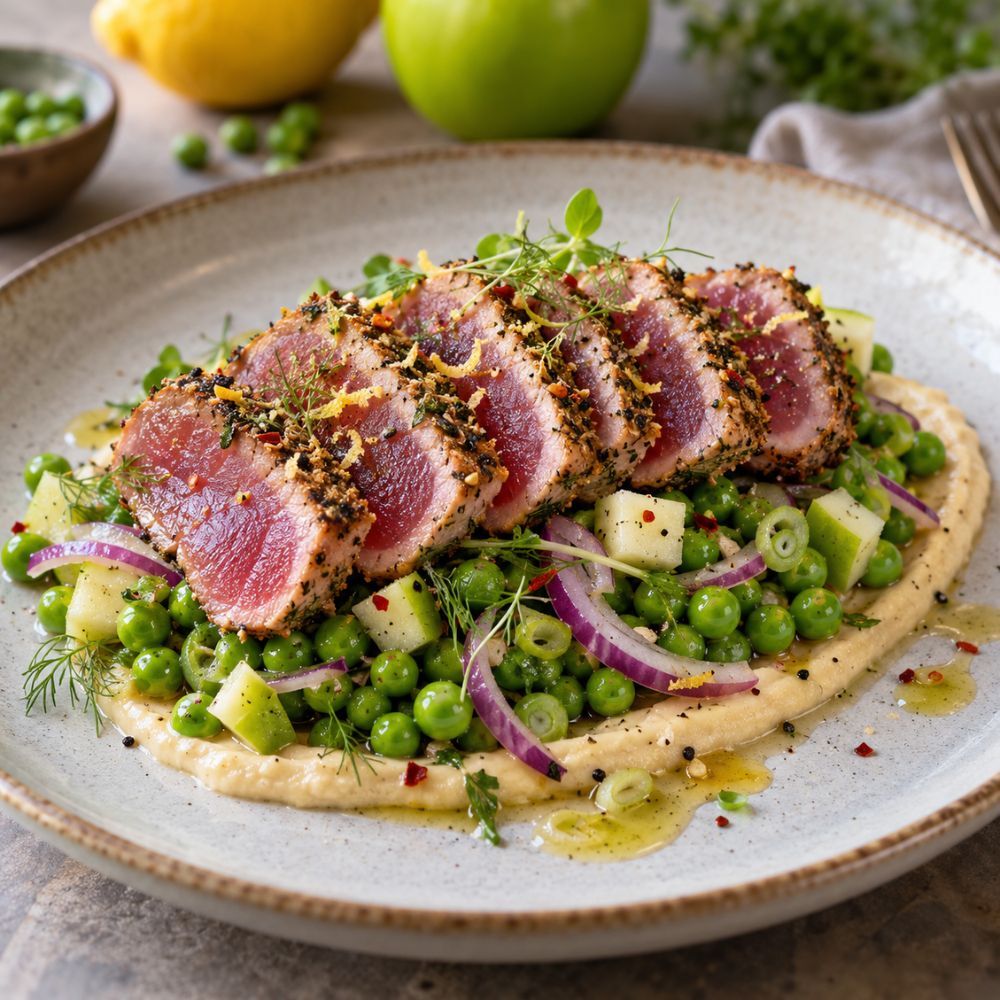 Tataki de thon et salade de pois verts