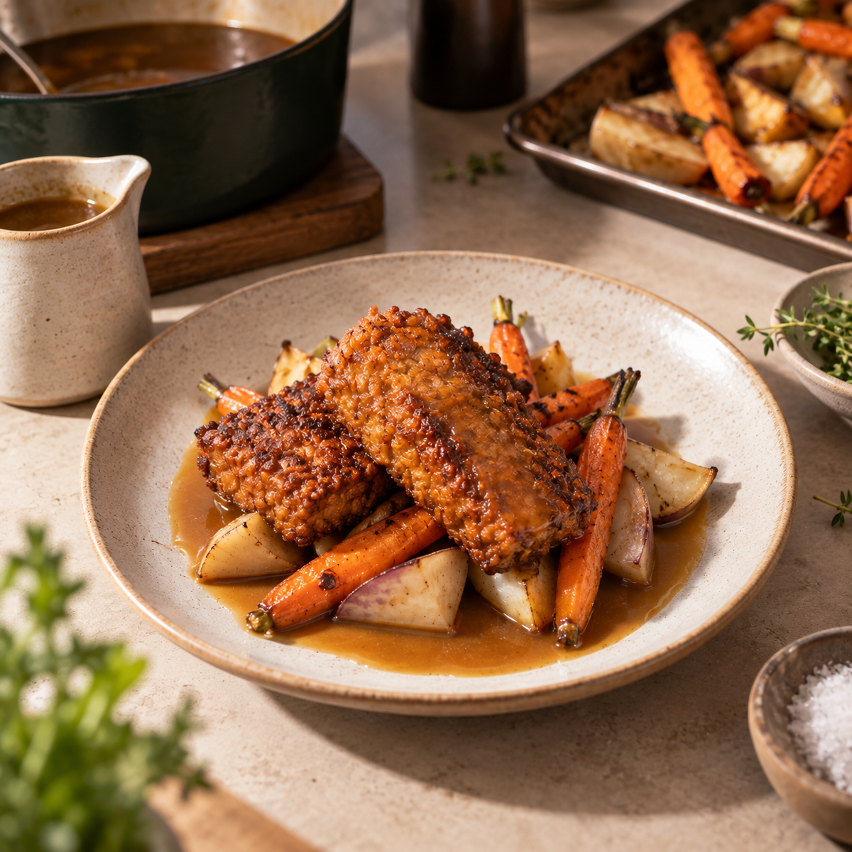 Tempeh croustillant, demi-glace de légumes et légumes rôtis