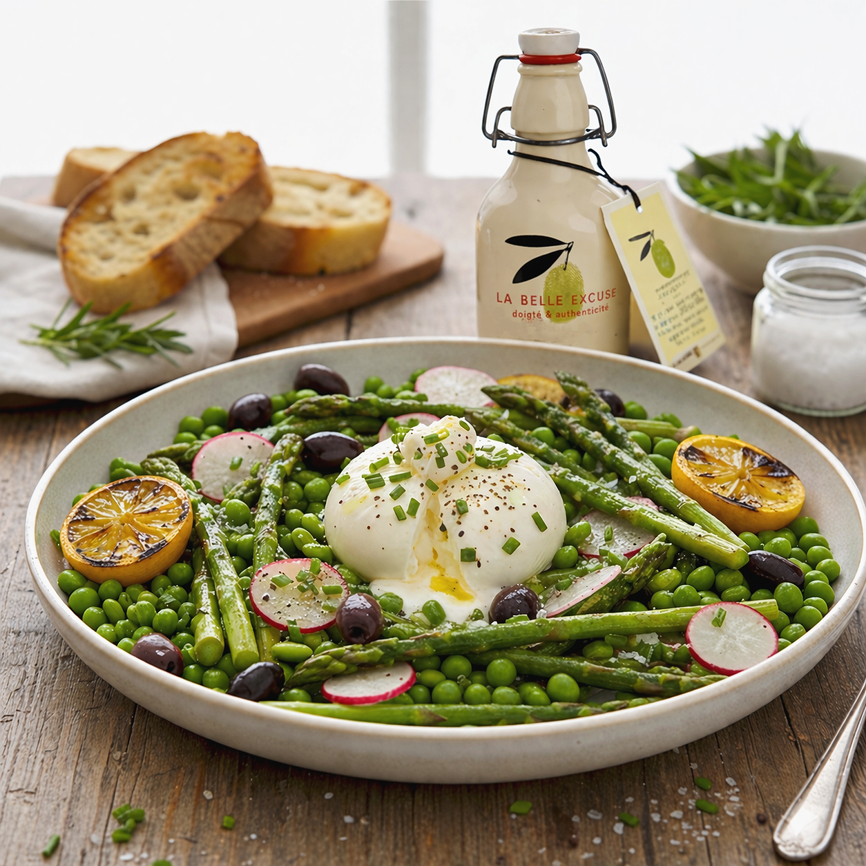Légumes de printemps et buratta crémeuse