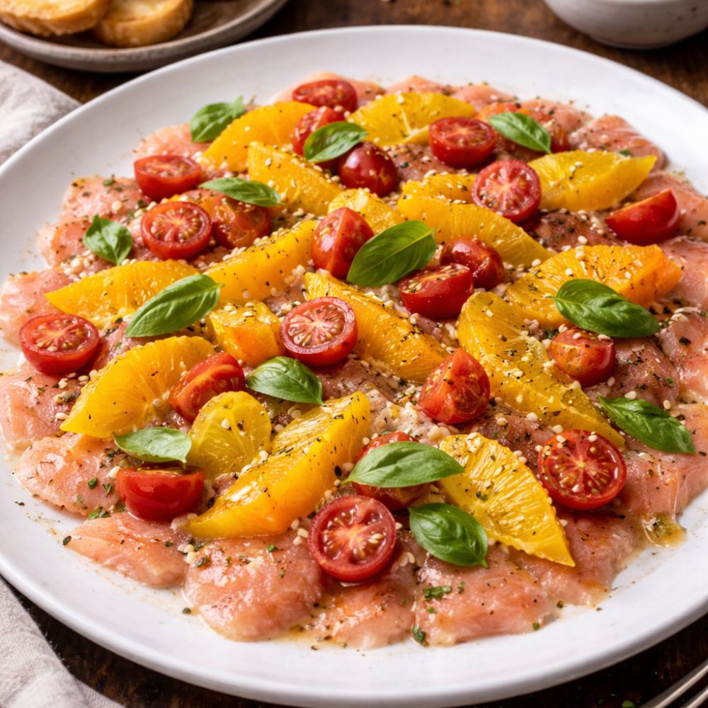Carpaccio de truite, suprêmes d’orange et tomates cerises