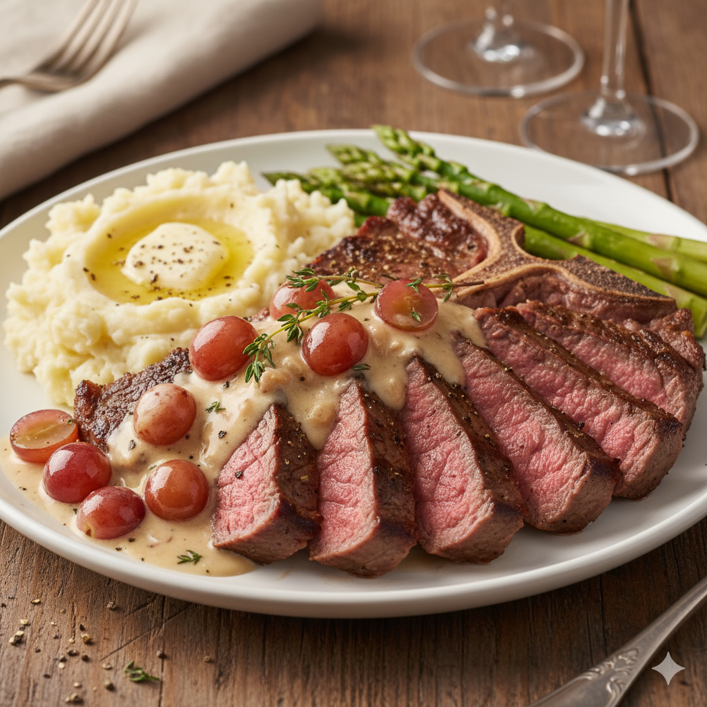 T-Bone/Wing Steak, sauce crémeuse aux raisins rouges