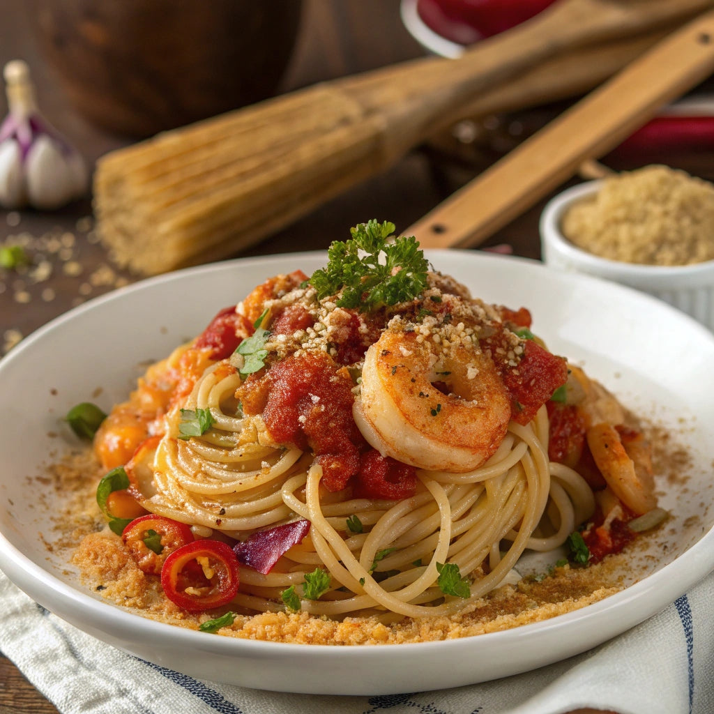 Spaghetti aux crevettes et sauce basquaise