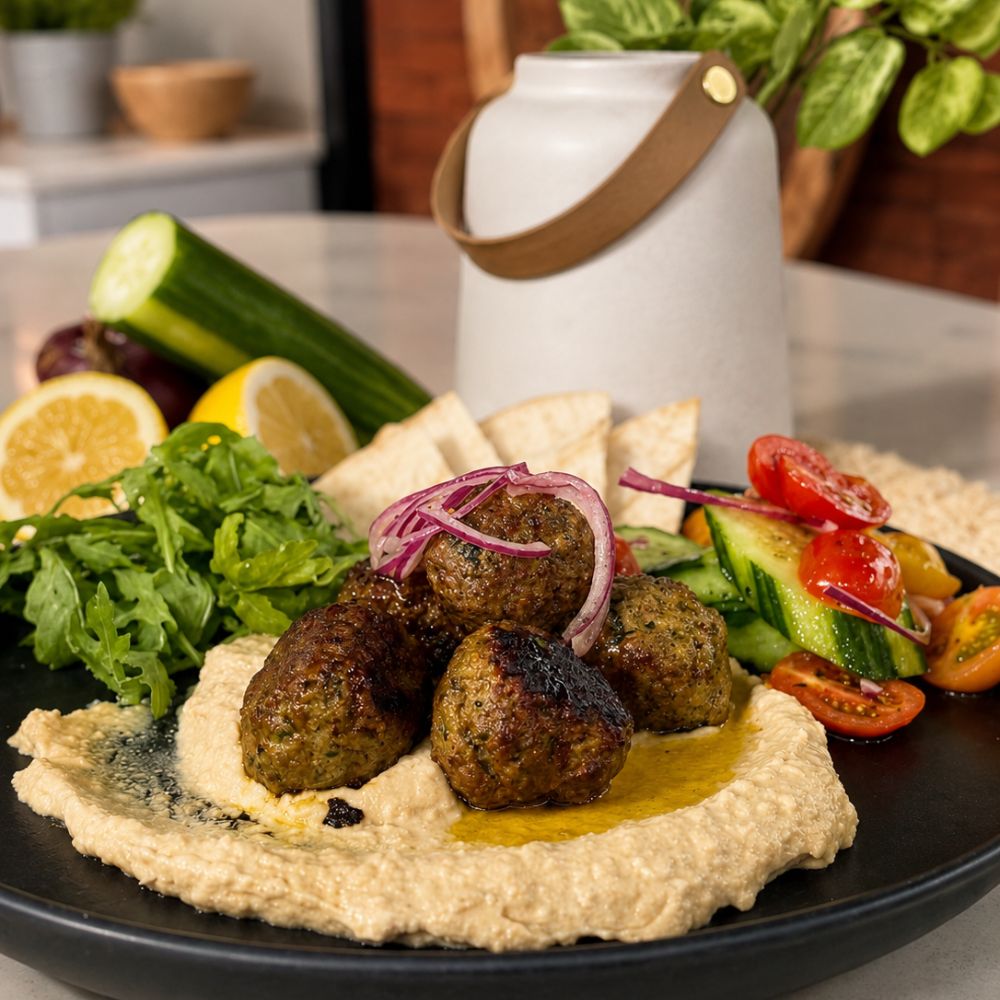 Boulettes de boeuf façon shawarma, houmous et pain pita grillé