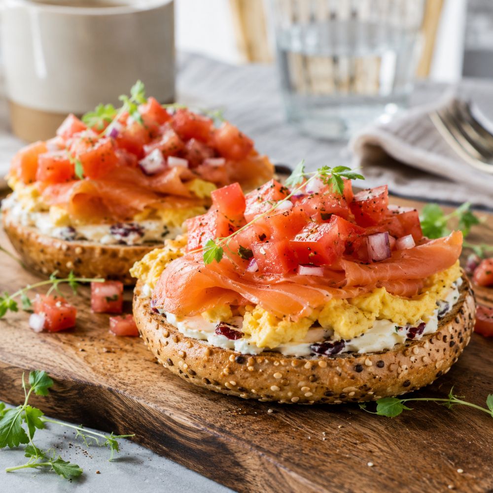 Bagel brunch ouvert au saumon Coho fumé et salade de tomates