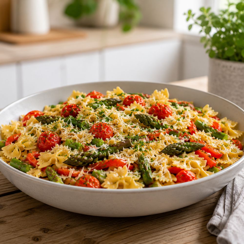 Boucles aux asperges, poivrons rouges et tomates