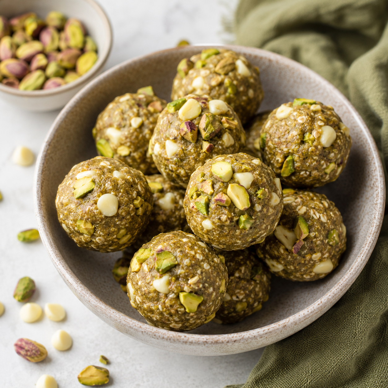 Boules d’énergie pistache et chocolat blanc