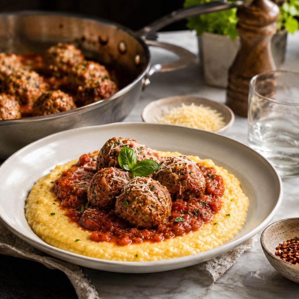Boulettes végétariennes, sauce tomate et polenta