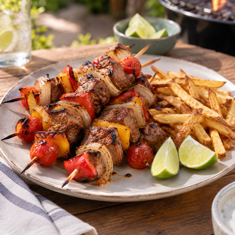 Brochette de légumes et de filet d'agneau à l'indienne