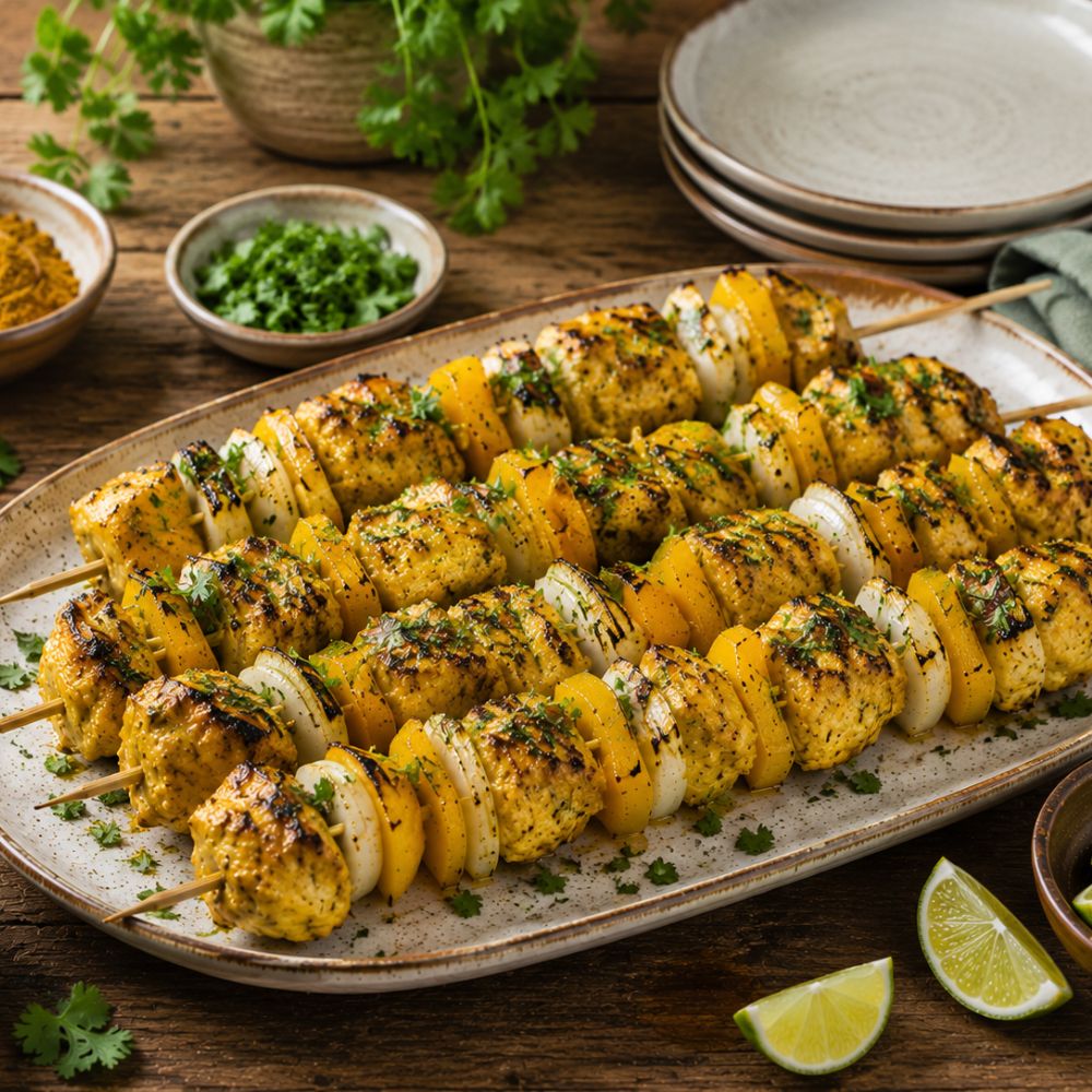 Brochettes de poulet au cari et poivron jaune