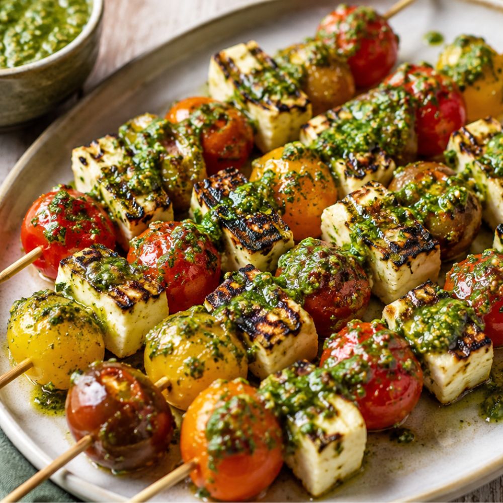 Brochettes de tomates grillées et pesto de roquette