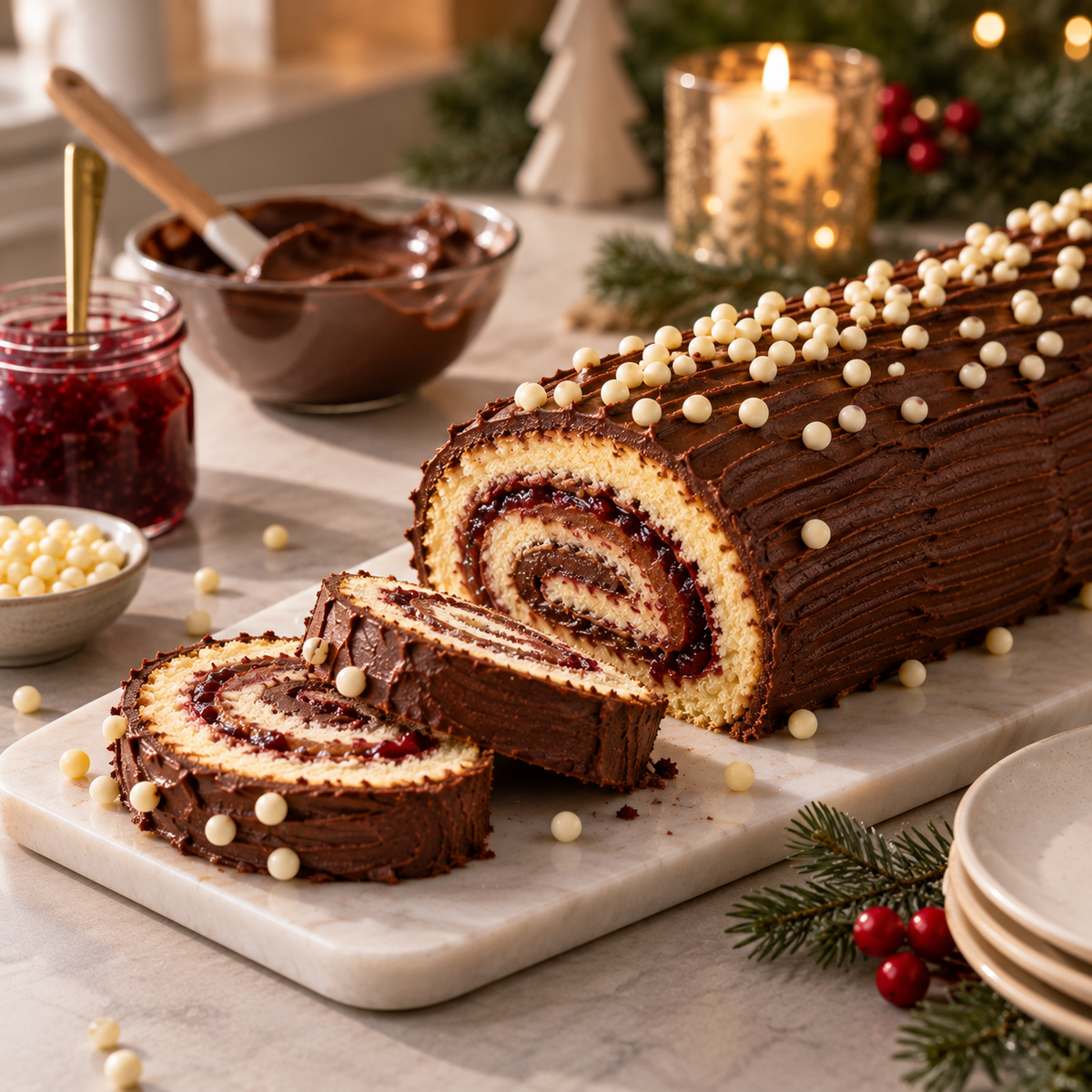 Bûche roulée à la confiture et à la ganache au chocolat noir