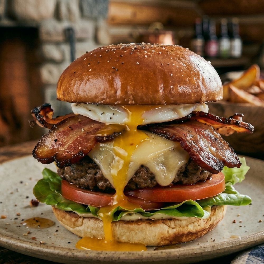 Burger de bœuf, œuf poché, bacon et fromage oka