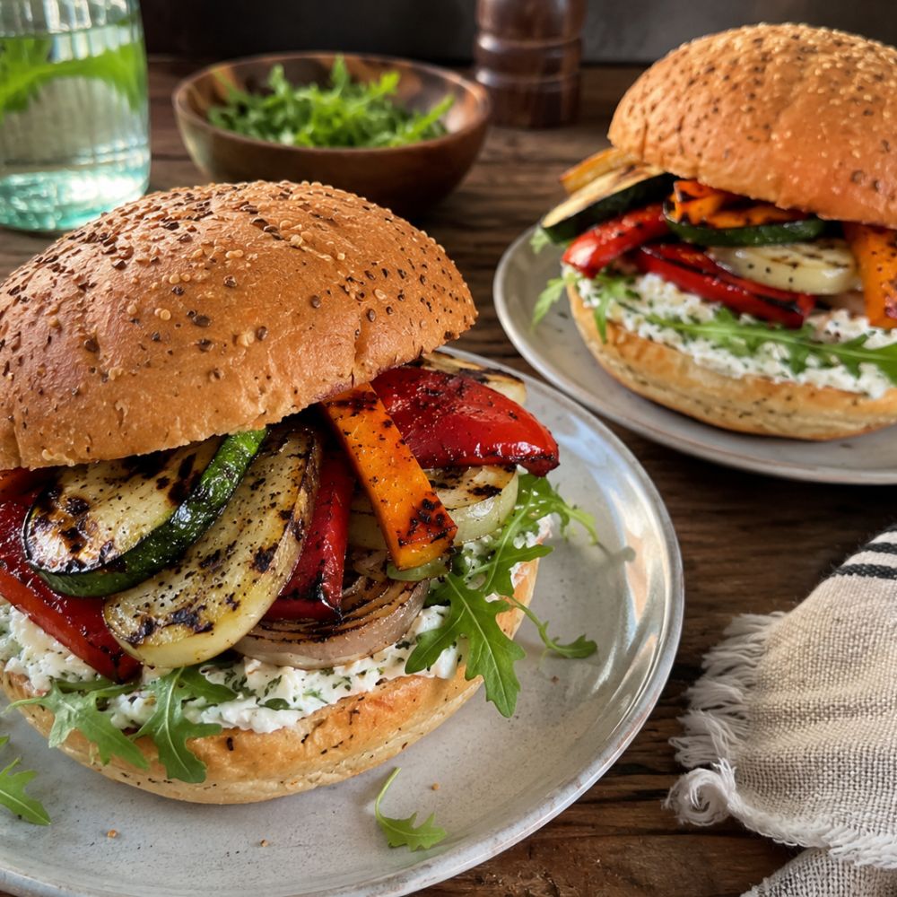 Burger de légumes grillés et fromage de chèvre frais