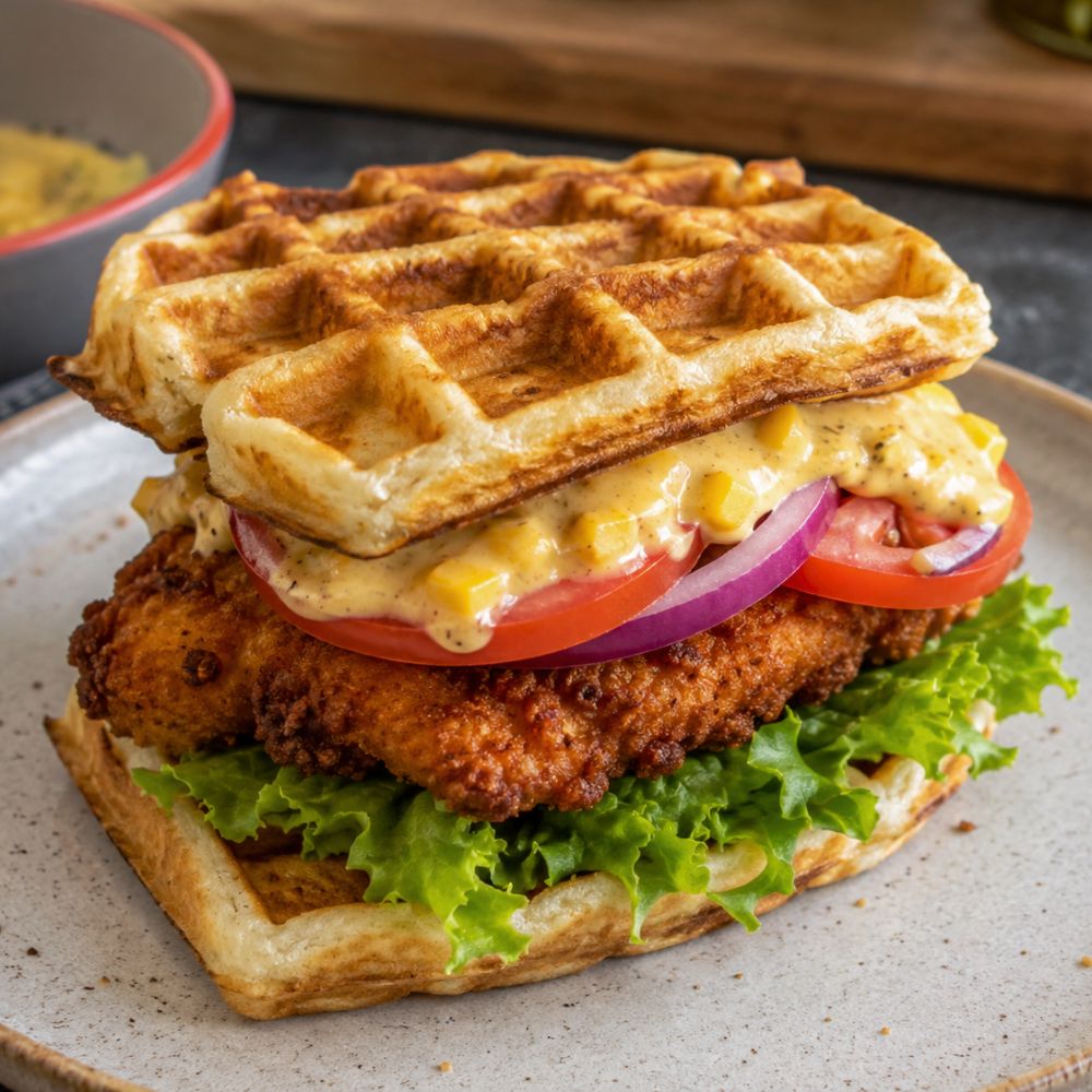 Burger de poulet croustillant, mayonnaise à la mangue, servi sur gaufre