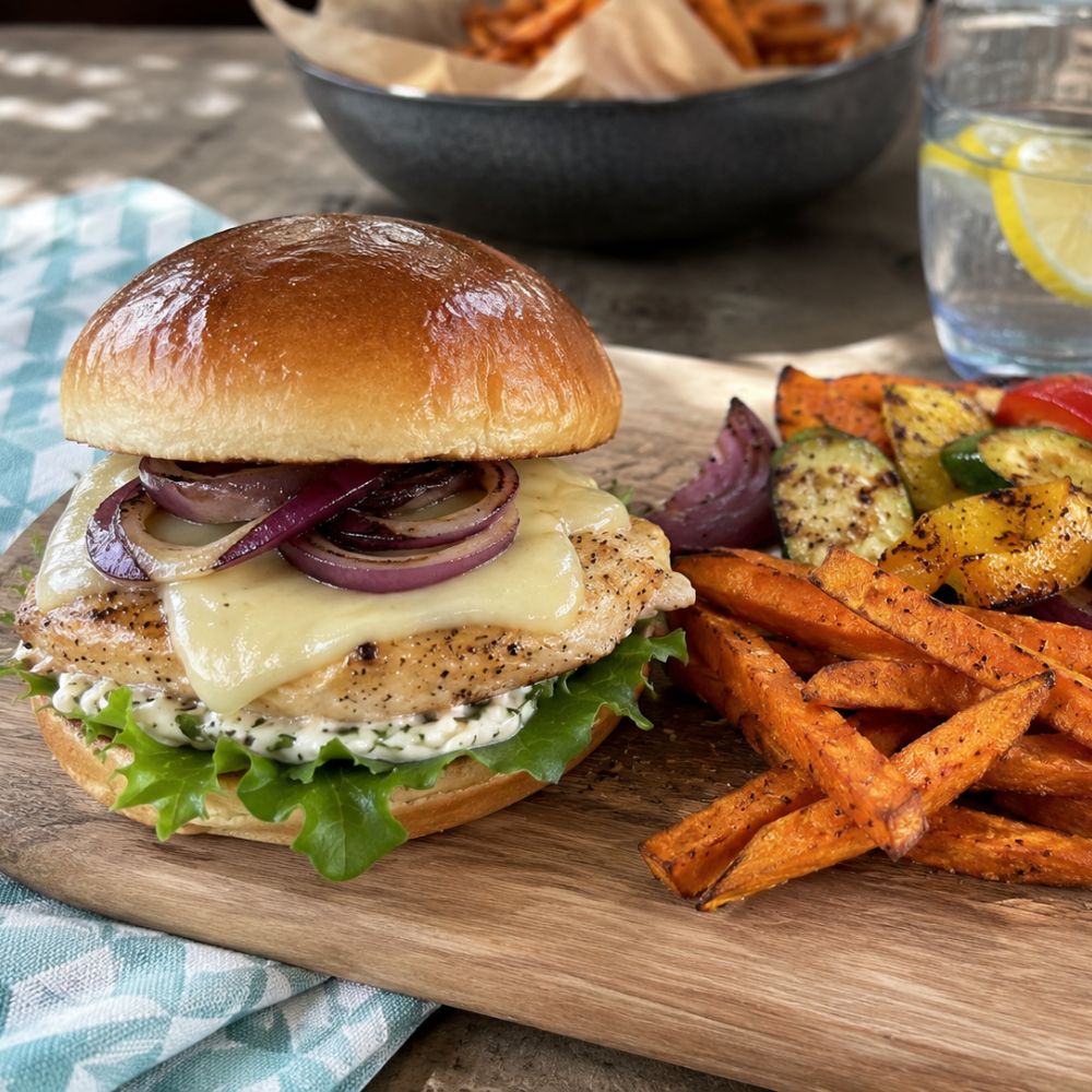 Burger de poulet mayonnaise aux olives et queijo do pico