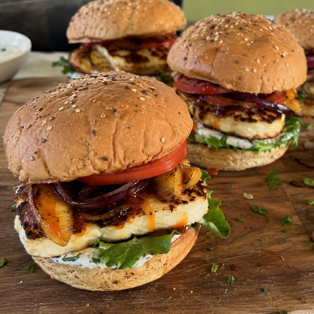 Burger halloumi et pêches grillées