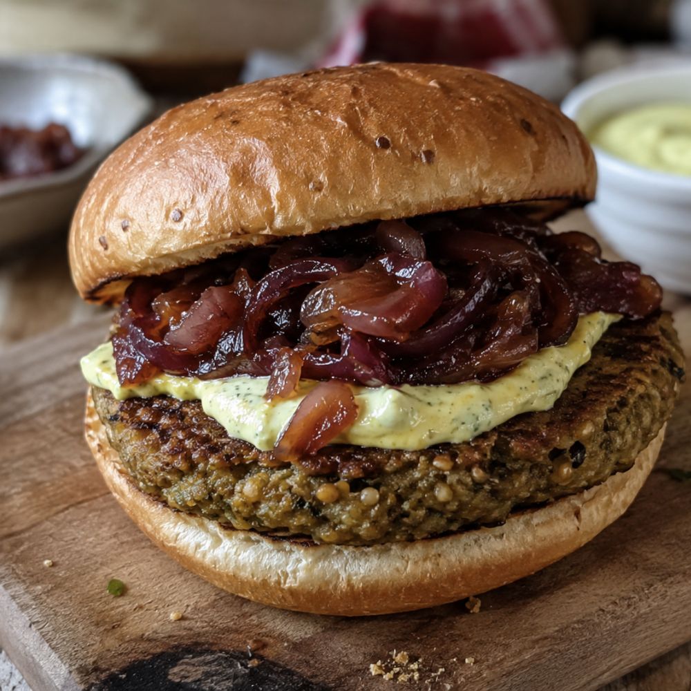Burger végétarien yogourt au cari et citronnelle sauce piquante et confiture d’oignon