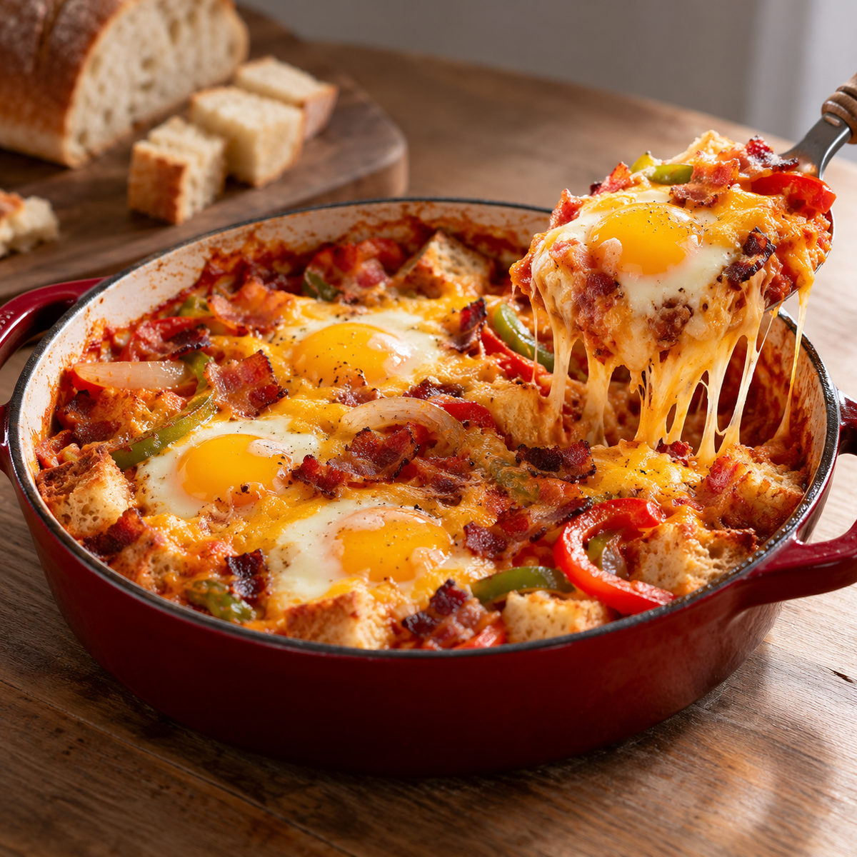 Cassolette brunch (cubes de pain, sauce tomates, œuf, bacon, et fromage)