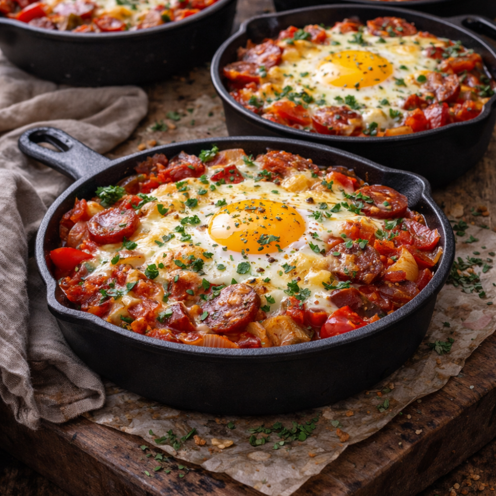 Cassolette brunch œuf, tomate, chorizo, oignon et fromage
