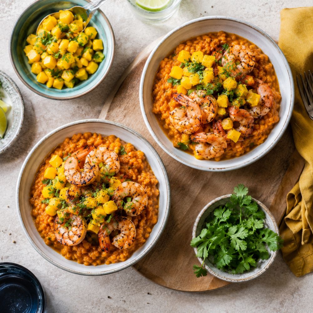 Cassolette de lentilles corail, crevettes grillées et mangue
