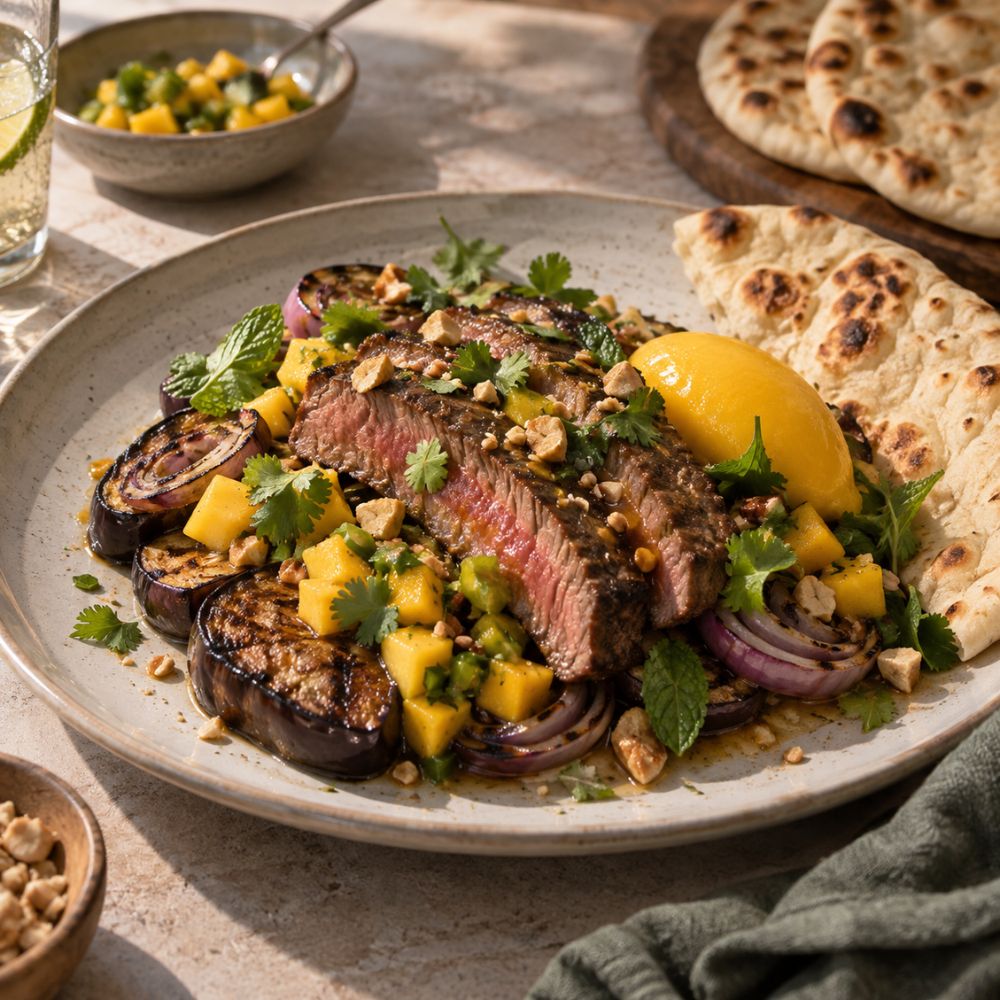 Contre-filet de bœuf au curry et coco, aubergine rôtie
