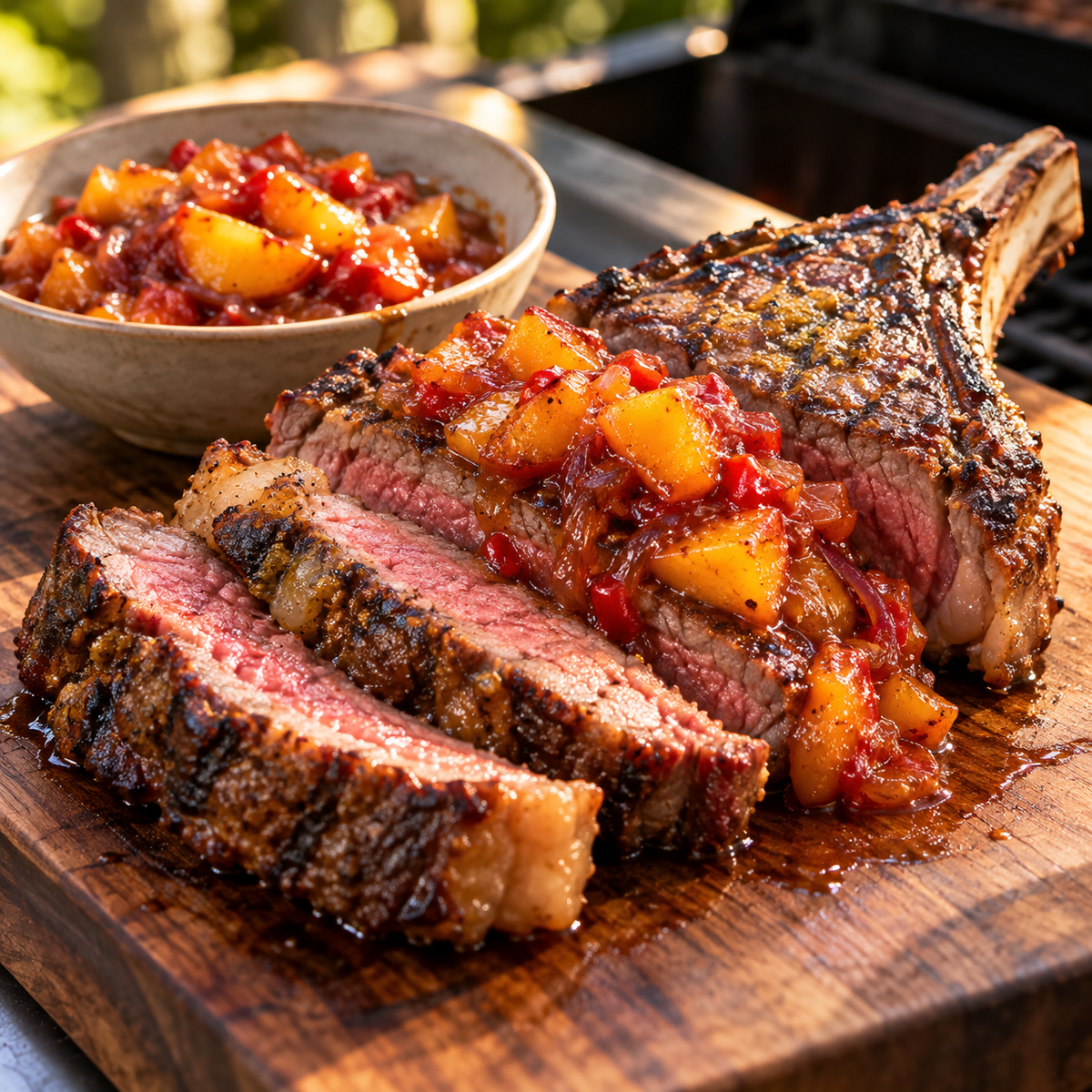 Côte de bœuf et chutney de pêches