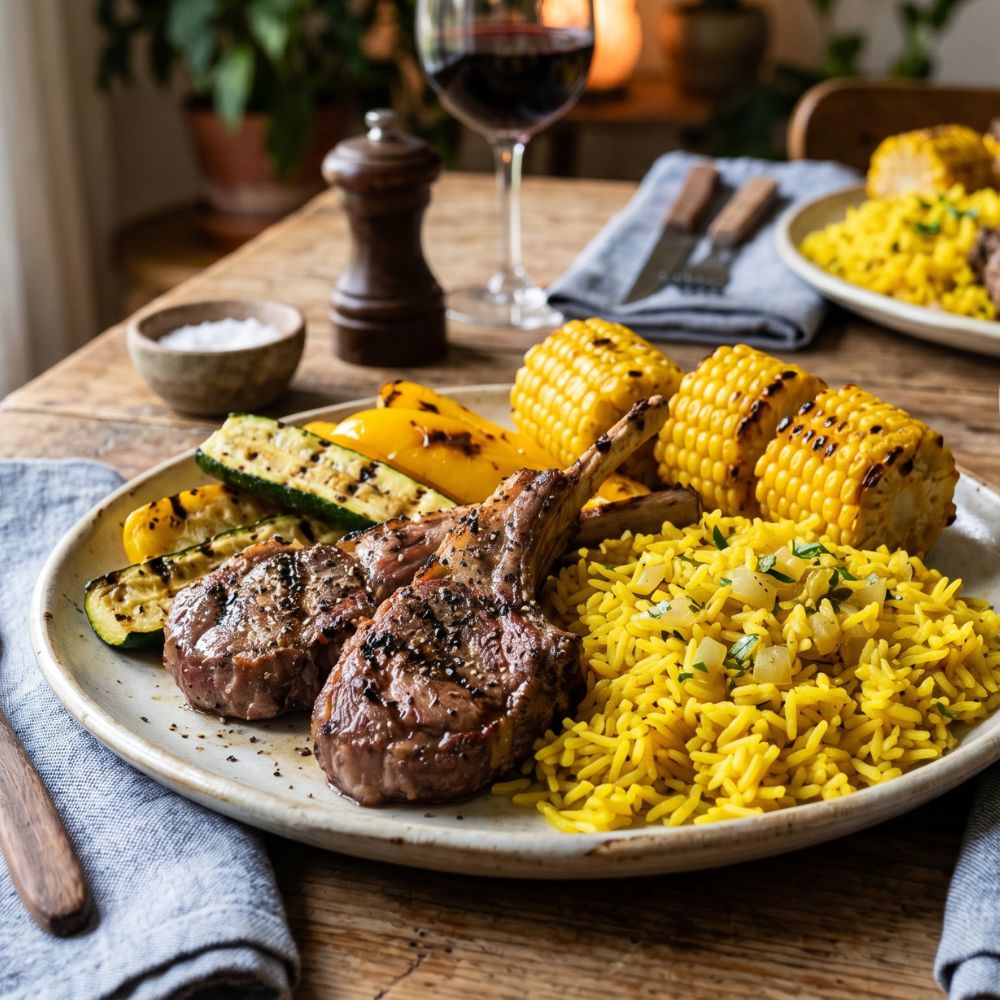 Côtelettes d’agneau grillée, riz aux légumes jaunes, courgette, maïs, poivron