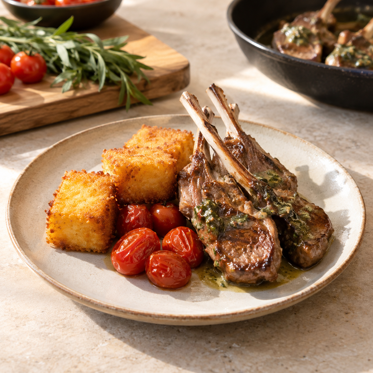 Côtelettes d’agneau au beurre de dattes et d’estragon, polenta croustillante