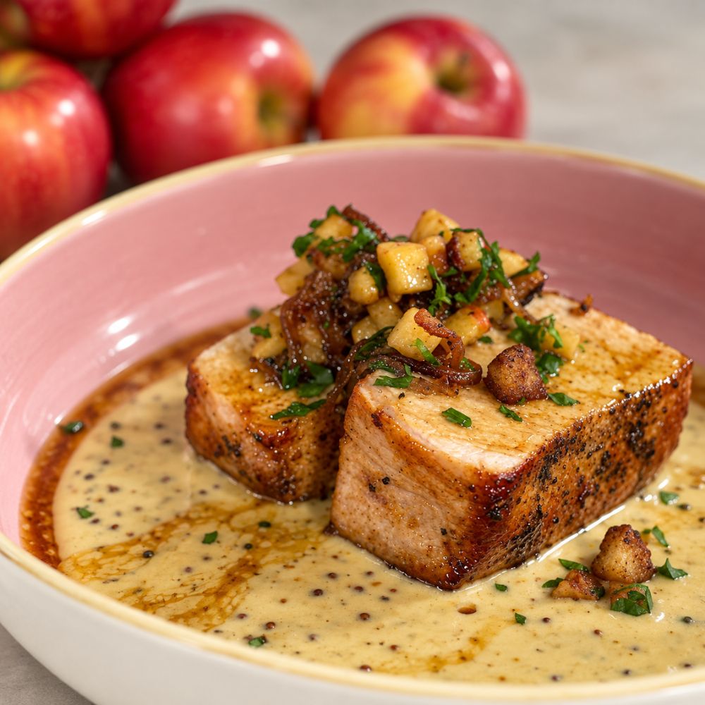 Côtelettes de porc, crumble de pommes et sauce crémeuse moutarde-érable