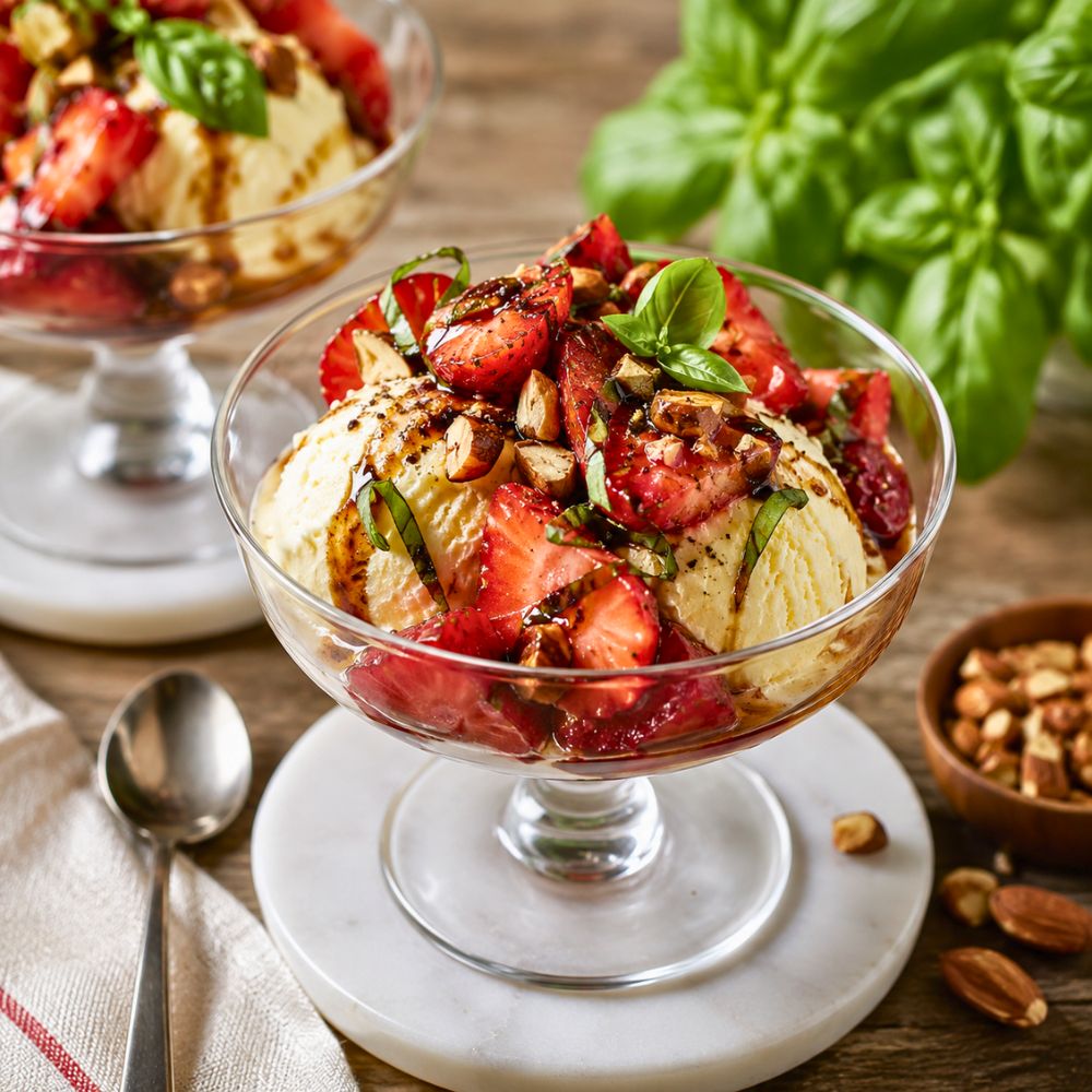Coupe glacée aux fraises, basilic et balsamique
