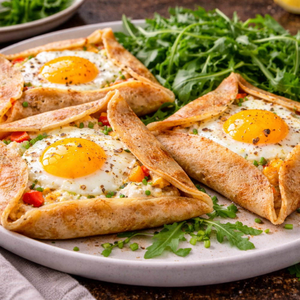 Crêpes salées gourmandes à la ricotta, cheddar et œuf coulant