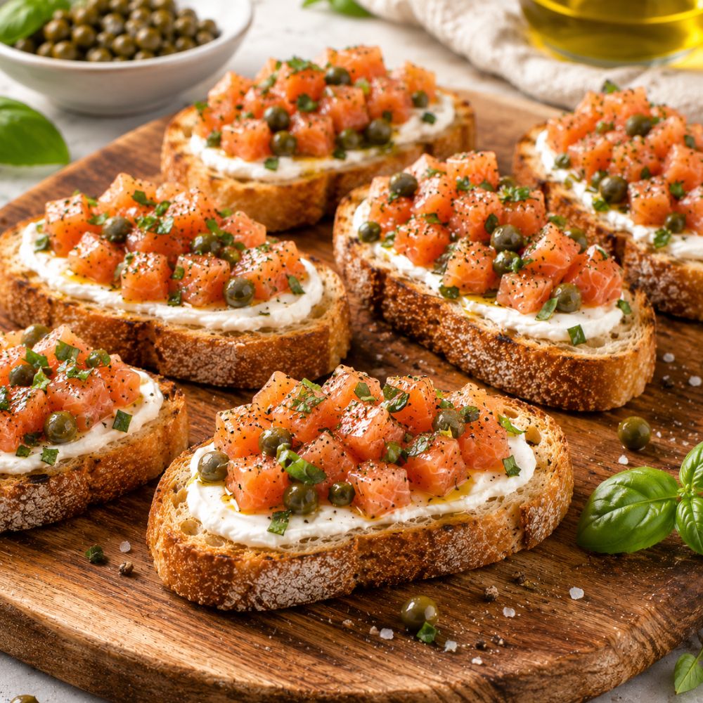 Crostinis au cubes de duo de saumon pour tartare