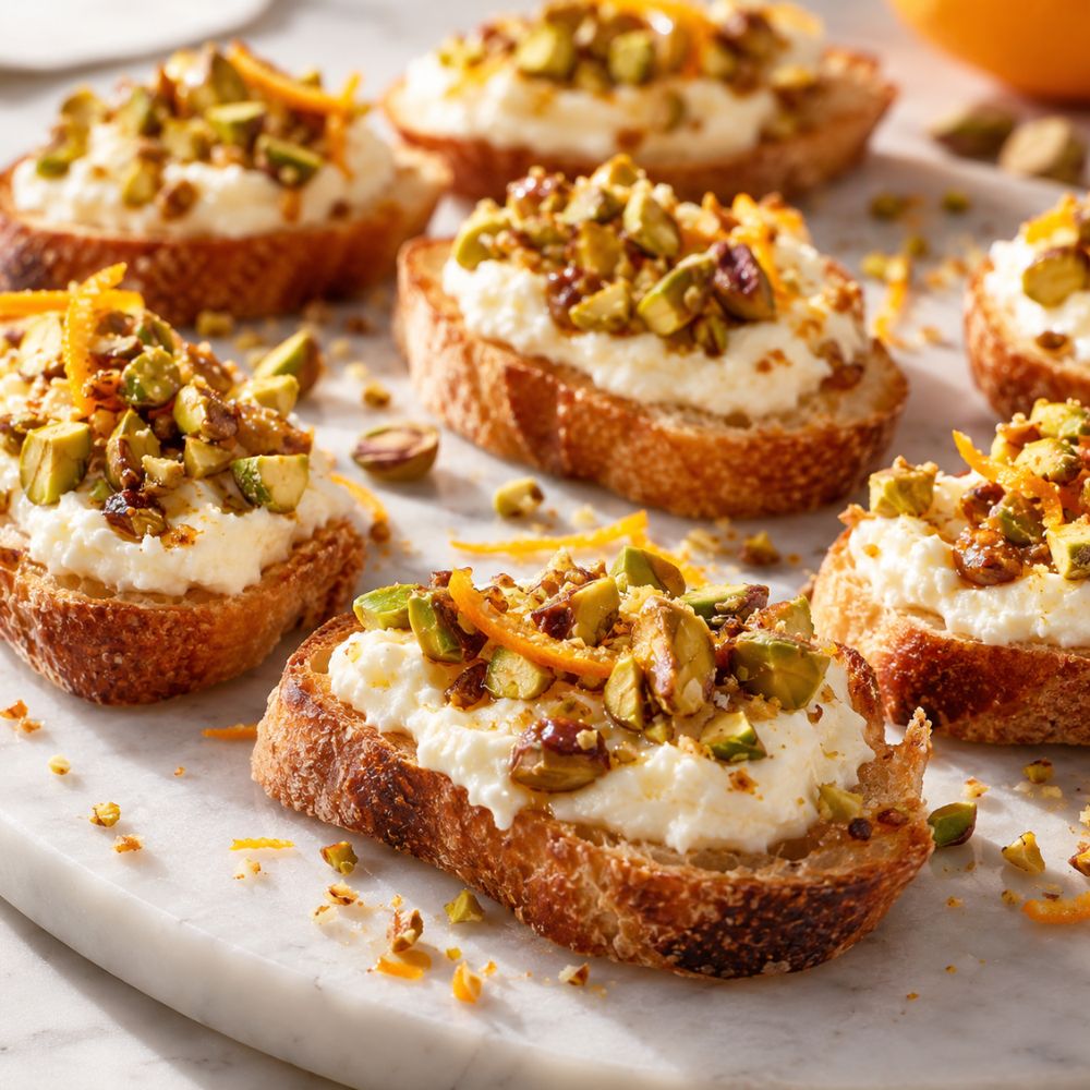 Croûtons au fromage ricotta et pistaches caramélisés
