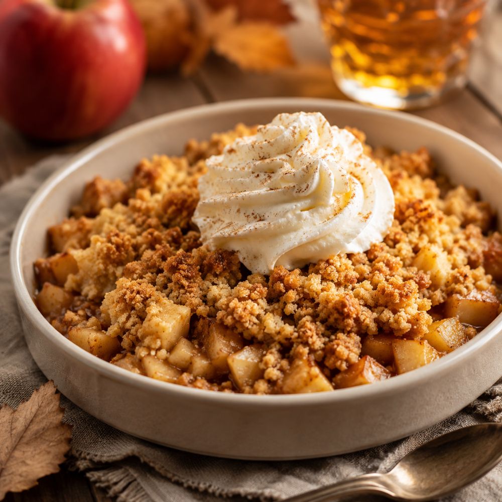 Crumble de Pommes Flambées à l’Amaretto et Chantilly au Jus de Pomme