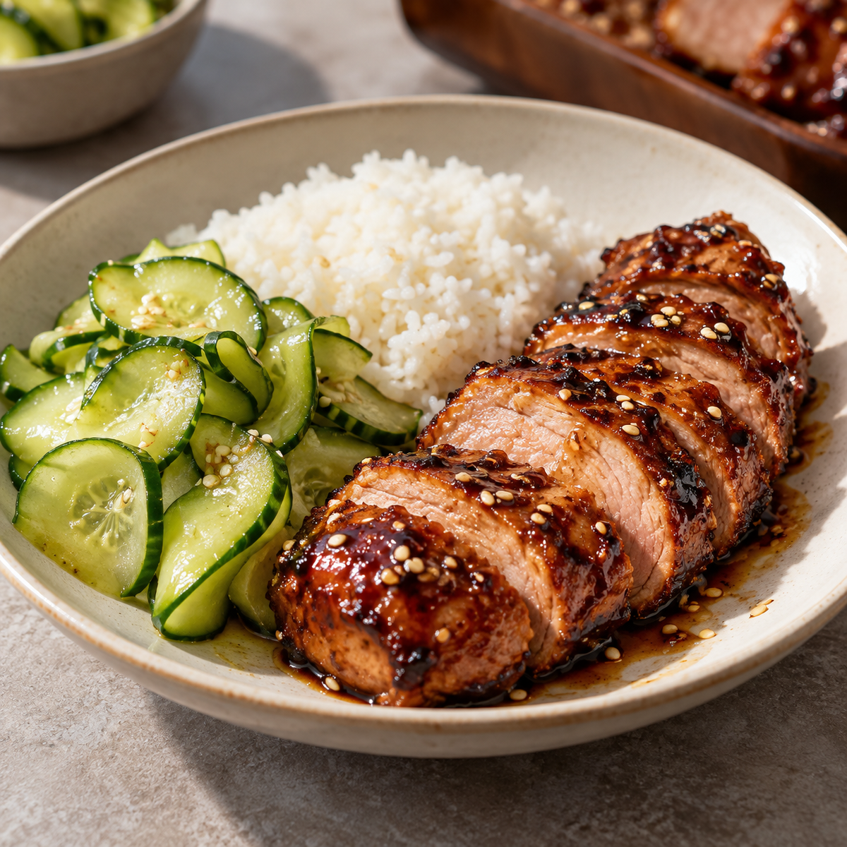 Filet de porc asiatique laqué et salade de concombre