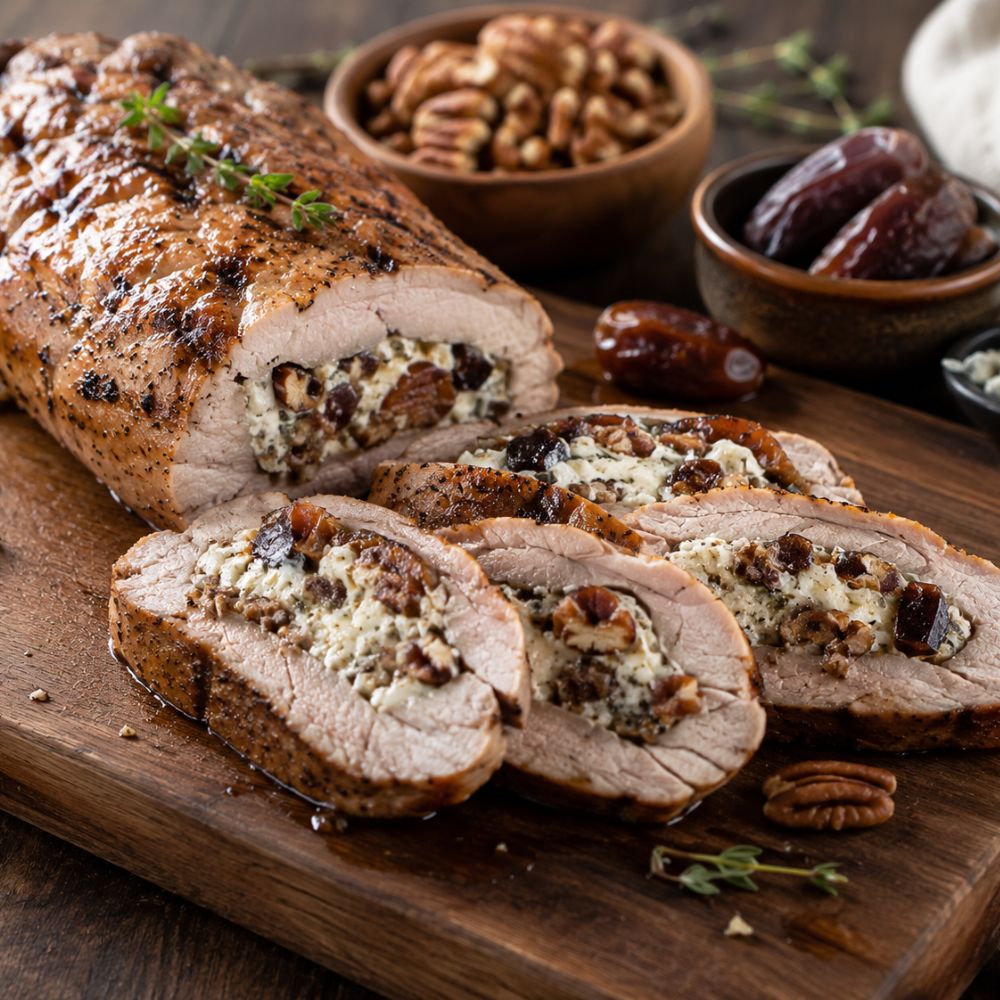 Filet de porc au bleu, pacanes et dattes